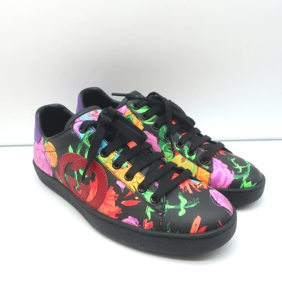 Gucci Shoes - Gucci Ken Scott Ace Sneakers Black Floral Print Leather Size 38
